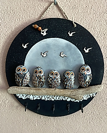 Owl Theme Stone Driftwood Painting Keychain Hanger